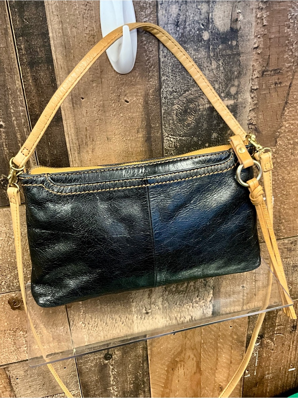 Black Leather Crossbody with Tan Strap - Sleek Everyday Bag